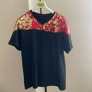 Vintage Custom Rimbello Black Party Tee with Red & Gold Sequins.